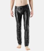 Men's Black Cow Leather Pants With Zipper Closure & Inner Lining