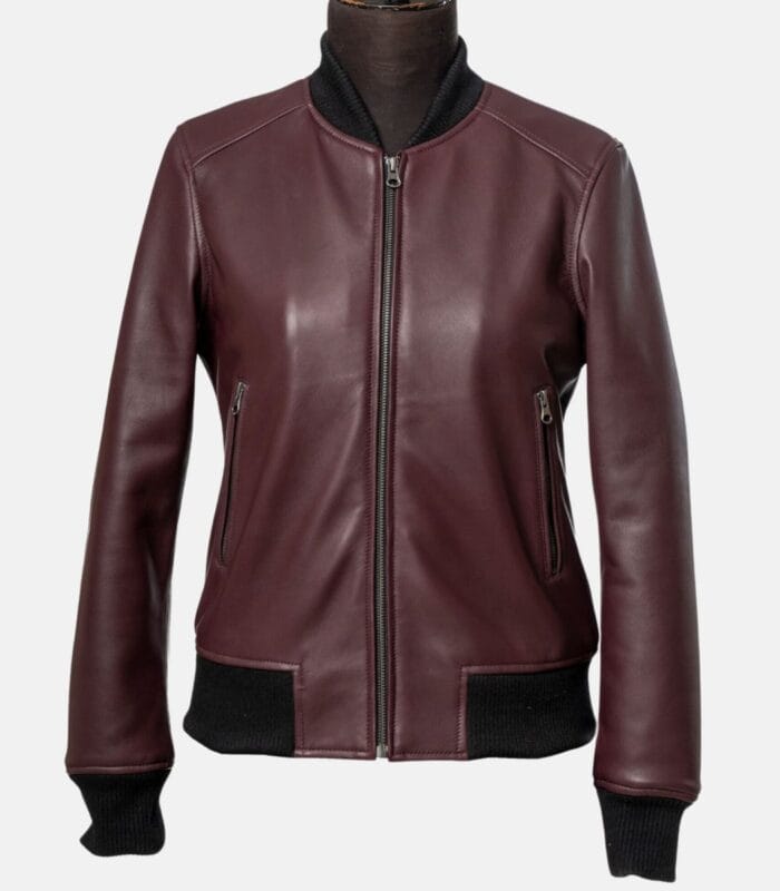 Women's Classic Maroon Bomber Leather Jacket with Two Pockets