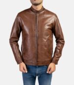 Men's Tan Brown Leather Jacket with Snap Tab Collar photo 2