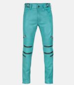 Mens Bright Blue Leather Biker Pants with Cool Style