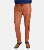Men's Classic Soft Tan Brown Leather Cargo Pants with Stylish Closure