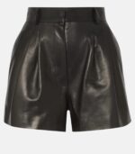 Women's Black Leather Shorts With Pleated Front Design