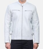 Men’s Stylish White Leather Jacket with Zipper Closure