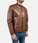 Men's Tan Brown Leather Jacket with Snap Tab Collar photo 3