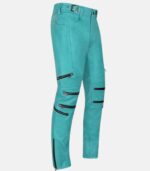 Mens Bright Blue Leather Biker Pants with Cool Style photo 2