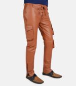 Men's Classic Soft Tan Brown Leather Cargo Pants with Stylish Closure photo 2