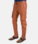 Men's Classic Soft Tan Brown Leather Cargo Pants with Stylish Closure photo 3