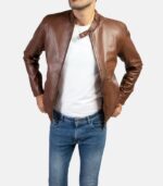 Men's Tan Brown Leather Jacket with Snap Tab Collar