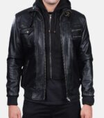 Men's Black Distressed Bomber Leather Jacket with Attached Hoodie photo 3