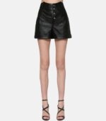 Women's Black Genuine Leather Shorts With Button closure