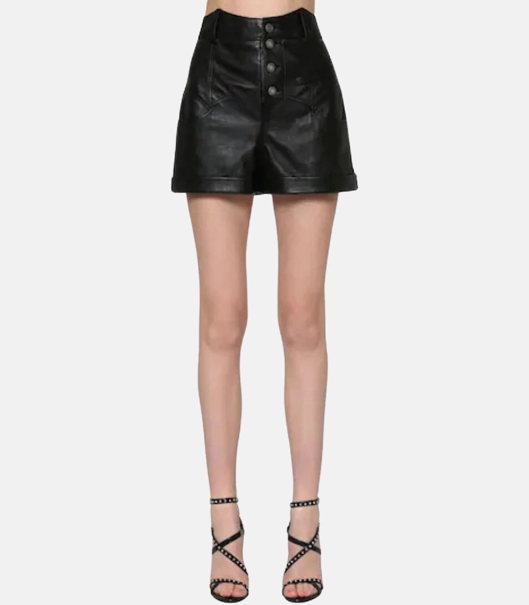 4-5.jpg Women's Black Genuine Leather Shorts With Button closure
