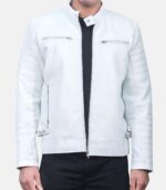 Men’s Stylish White Leather Jacket with Zipper Closure photo 3
