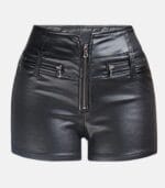 Women's Black Leather Shorts With Zip Closure & Pockets
