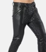 Men's Black Leather Quilted Pants With Dual Zipper Closure photo 2