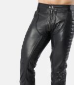 Men's Black Slim Fit Leather Pants with back zipper photo 3