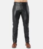 Men's Black Slim Fit Leather Pants with back zipper photo 5