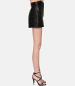 Women's Black Genuine Leather Shorts With Button closure photo 3