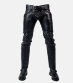 Men's Black Leather Quilted Pants With Dual Zipper Closure