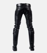 Men's Black Leather Quilted Pants With Dual Zipper Closure photo 3