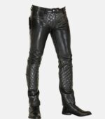Men's Black Quilted Leather Pants with zipper