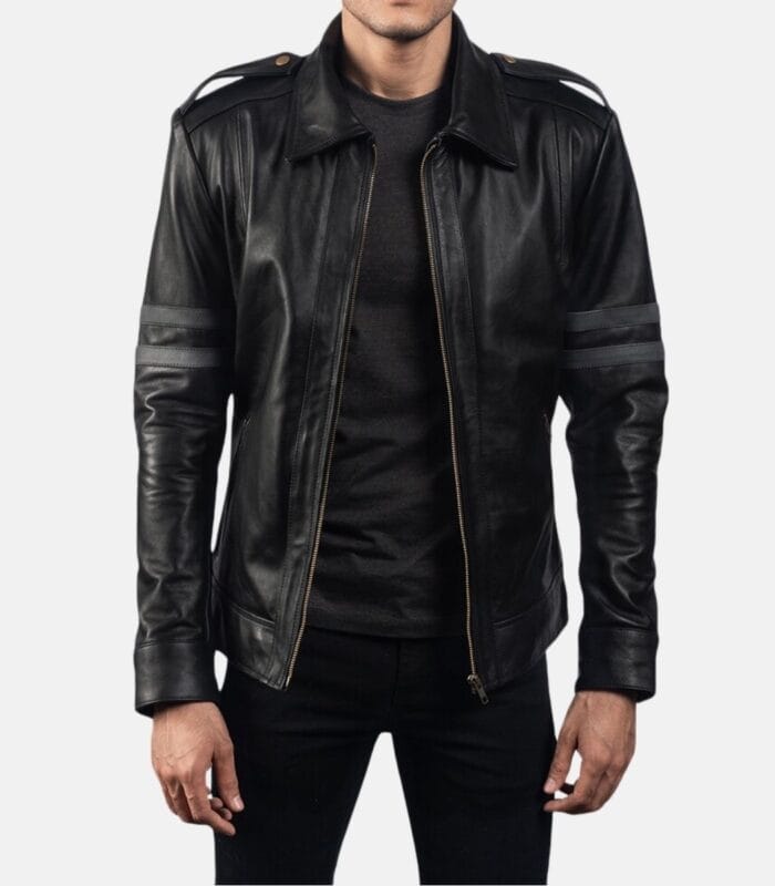 Men's Black Leather Biker Jacket With Shirt Collar & Zipper Closure