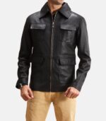 Men's Black Leather Jacket With Zipper Closure