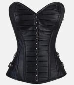 Women Black Leather Overbust Corset with Side Zipper Closure