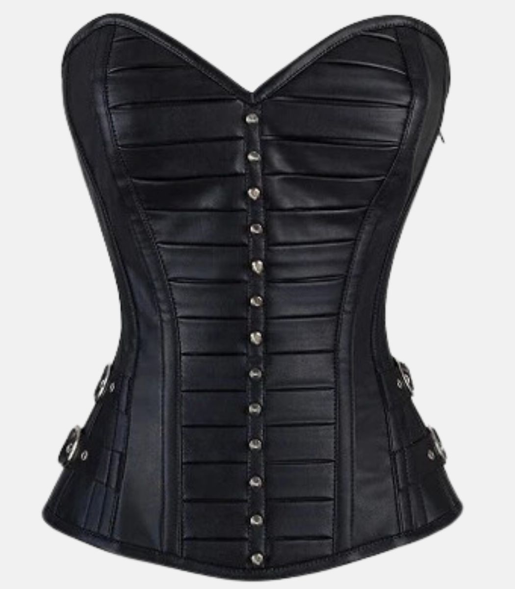 1 Women Black Leather Overbust Corset with Side Zipper Closure