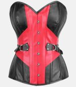 Women's Black & Red Leather Overbust Corset with Buckle Detail