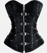 Women Black Leather Overbust Corset with Buckle Style