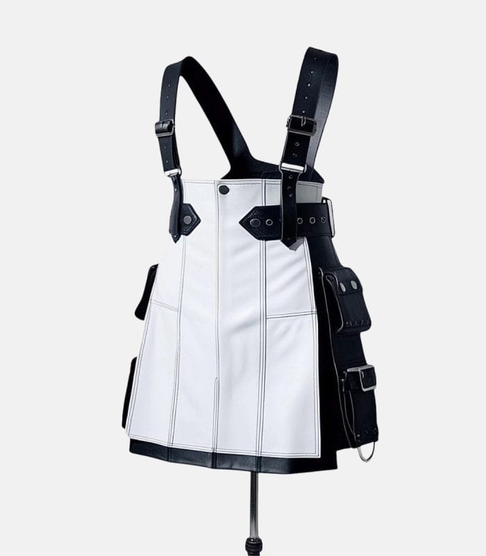 Premium Men's Black and White Real Leather Kilt Cosplay Costume