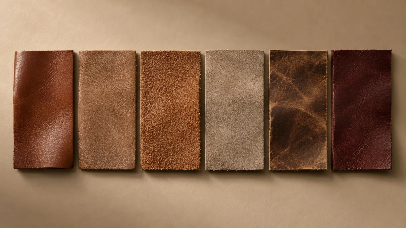 Six leather swatches showing full grain, top grain, suede, nubuck, pull-up and aniline finishes
