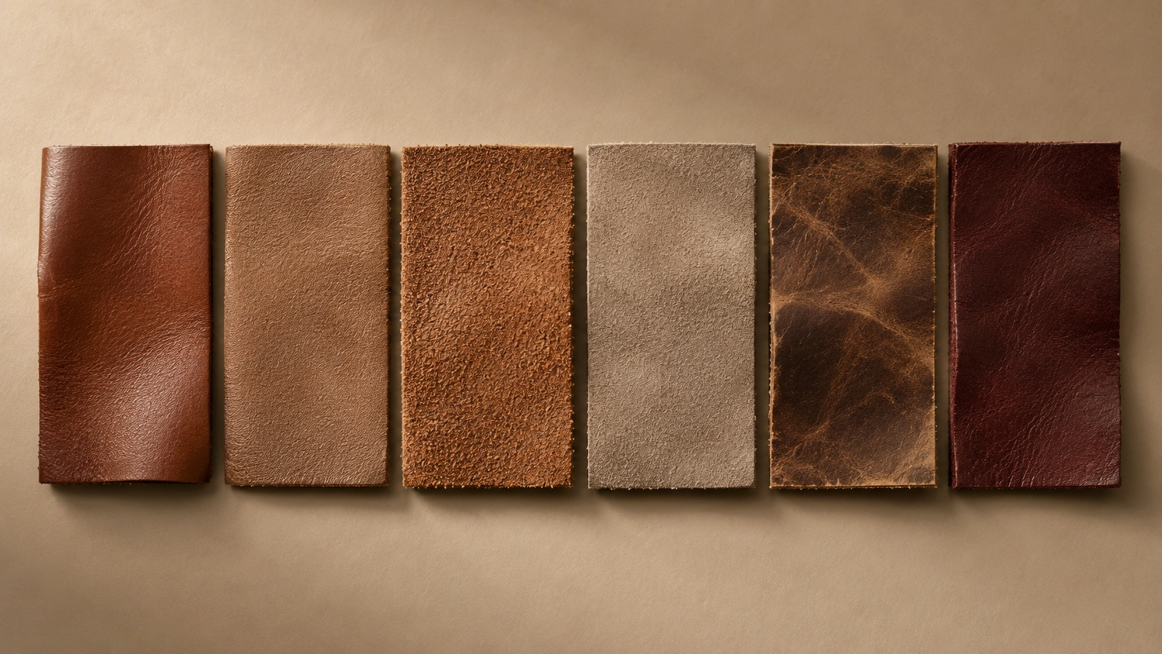 Six leather swatches showing full grain, top grain, suede, nubuck, pull-up and aniline finishes