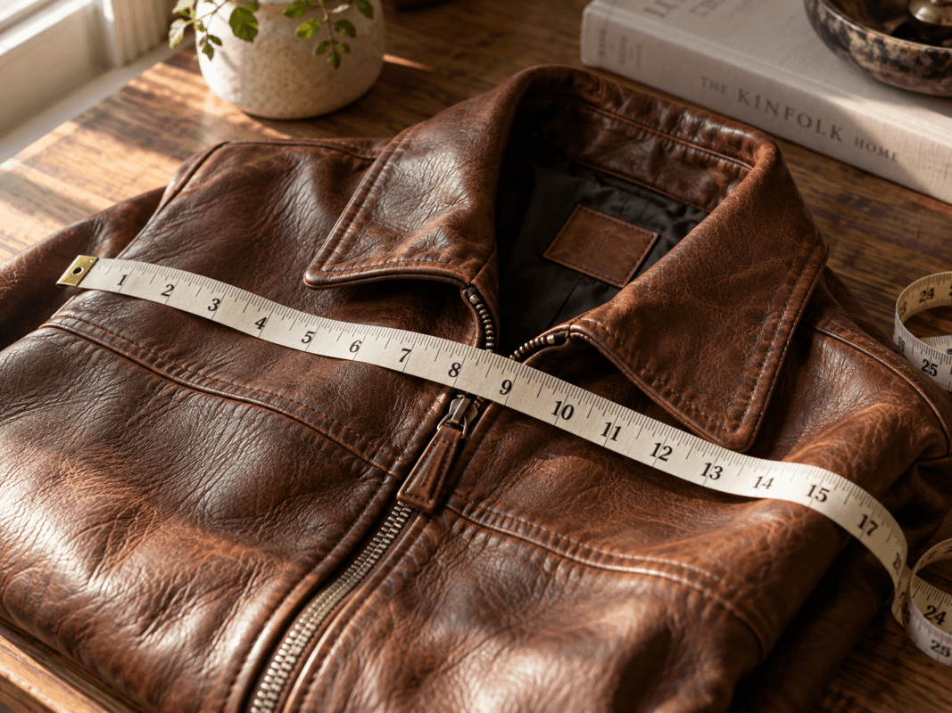 Tape measure laid across a folded brown leather jacket on a wooden table