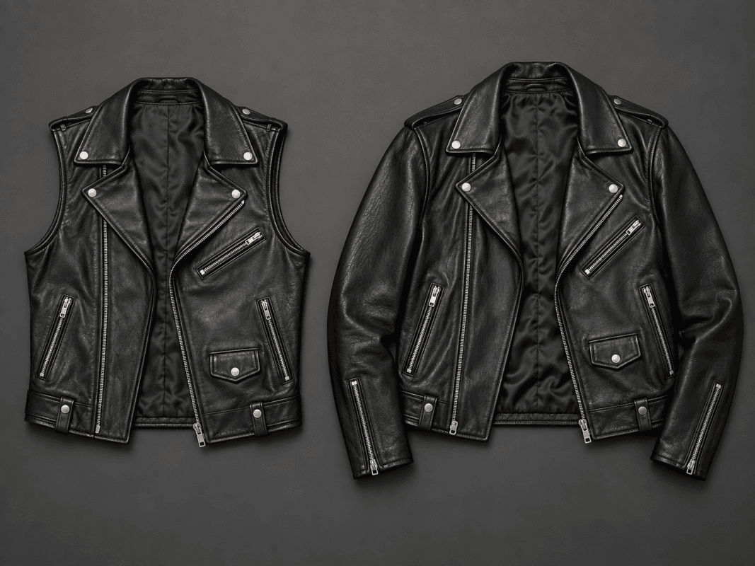 Black leather biker vest and black leather biker jacket laid flat side by side