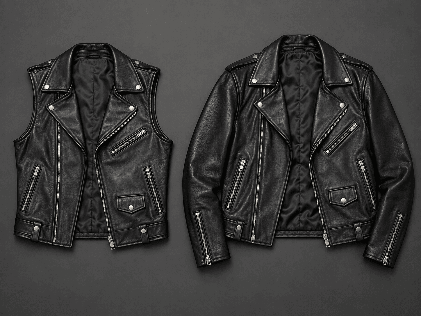 Black leather biker vest and black leather biker jacket laid flat side by side
