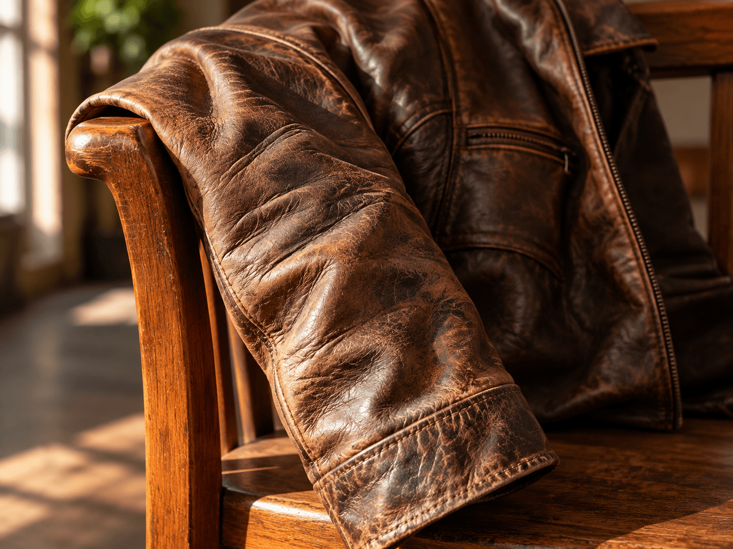 Brown leather jacket sleeve with natural creasing and patina draped over a wooden chair
